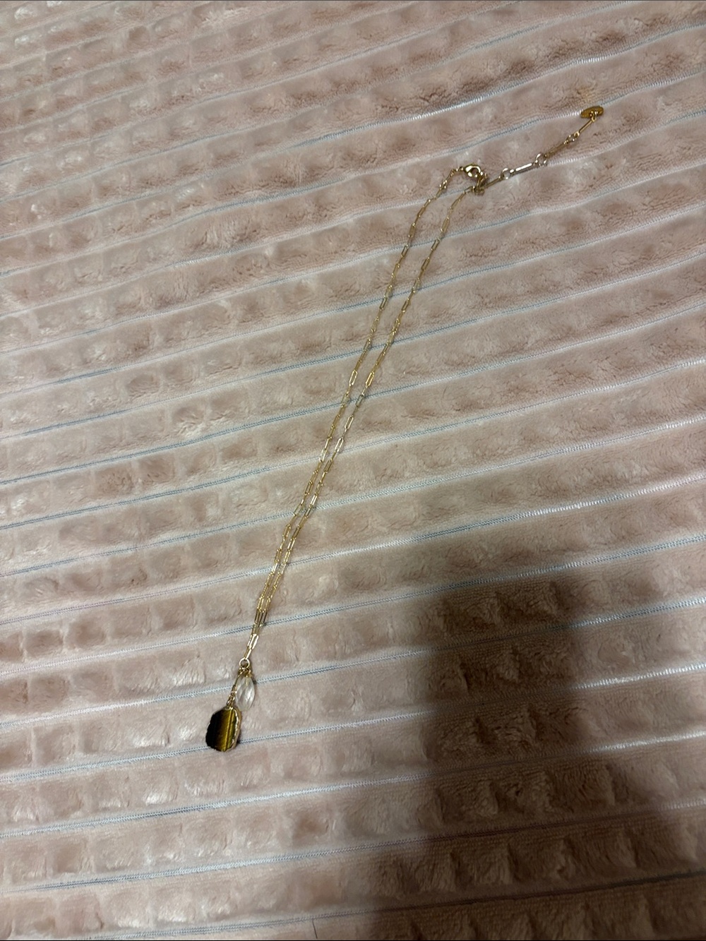 Gold paperclip  Necklace with Brown Tiger Eye Pendant